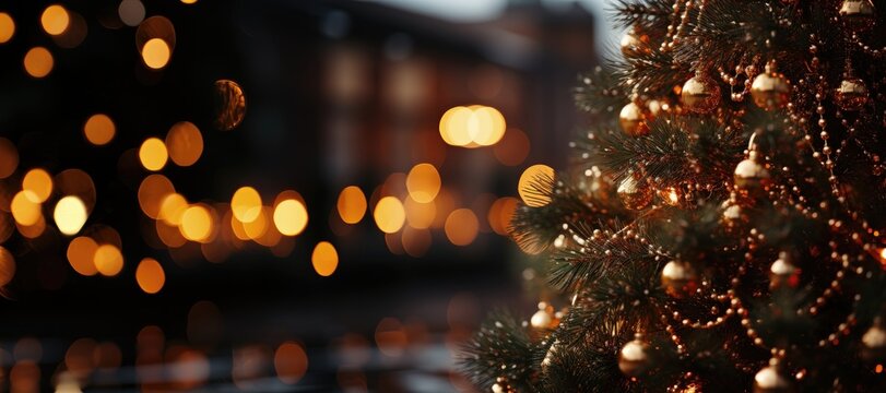 A wide-format Christmas background image showcasing a Christmas tree adorned with elegant gold baubles, set against a backdrop of blurred holiday lights. Photorealistic illustration