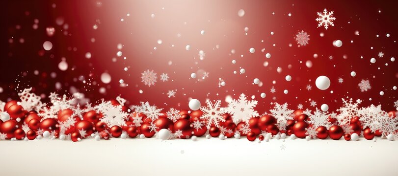 A wide-format Christmas background image featuring snowflakes and red baubles scattered on a white floor against a Christmas red background. Photorealistic illustration