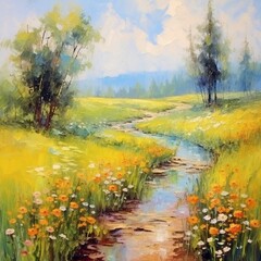 Summer oil painting landscape impressionism background 