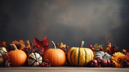 Naklejka na ściany i meble Autumn pumpkin arrangement on a wood background