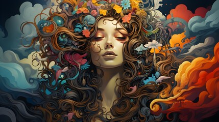 AI-generated portrait image of a girl in a dream-like world with hair that morph into colorful clouds and leaves