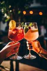 People clinking glasses of fresh summer refreshing cocktail beverage with alcohol and oranges in the sunlight outside. Get together Party vibe