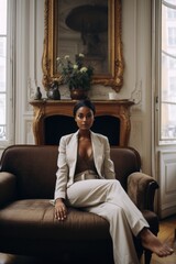 Obraz premium a photo of a gorgeous young african woman sitting on a couch in a luxurious posh living room, parisian style interior with tall windows, white paneled walls, fireplace, golden sophisticated decoration