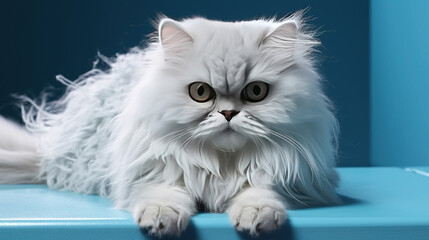 A Beautiful Muppet White Cat with Big Eyes Laying on The Bed Domestic Animal Selective Focus