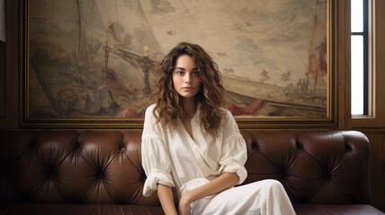 Obraz premium a photo of gorgeous young caucasian woman sitting on a couch in a luxurious posh living room, parisian style interior with tall windows, white paneled walls, fireplace, golden sophisticated decoration