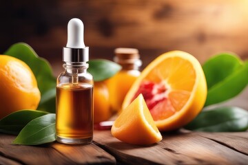 Bottle of orange essential oil with fresh fruits on wooden table