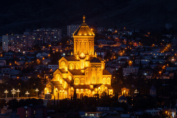 View of Holy Trinity Cathedral on autumn night. Tbilisi, Georgia.