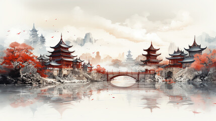 Ancient Architecture Style of Chinese City with Lake and Bridge White Background As Sketch Painting - obrazy, fototapety, plakaty
