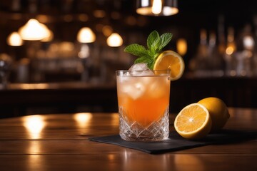 Fototapeta premium cocktail in a glass on a table in a bar, close-up 
