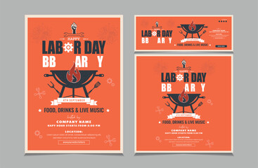 Set of BBQ Invitation for labor day, labor day barbeque invitation, flyer and facebook cover vector illustration eps 10