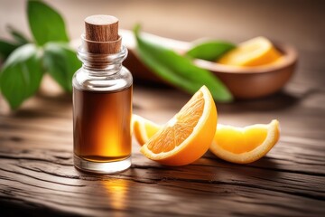 Bottle of orange essential oil with fresh fruits on wooden table