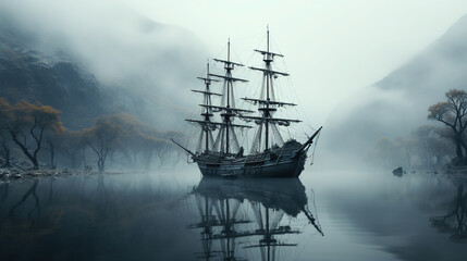 Obraz premium Small Soilboat Calm Water Surface and The Beautiful Mountains Under The Foggy Sky