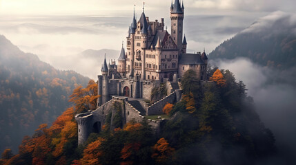 A Beautiful Castle Sitting On Top of a Cliff with Cloudy Sky Aerial View - obrazy, fototapety, plakaty