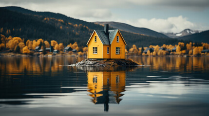 Yellow Cabin House in Meddile of Lake and Reflected in Water Below Cloudy Sky