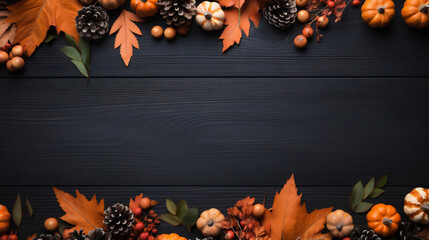 Autumn leaves on wooden background. Top view with copy space.