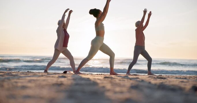 Beach yoga class, sunset and meditation coach teaching breathing, mindfulness and spiritual chakra, aura or soul healing. Ocean waves, relax yogi and personal trainer coaching learning pilates group