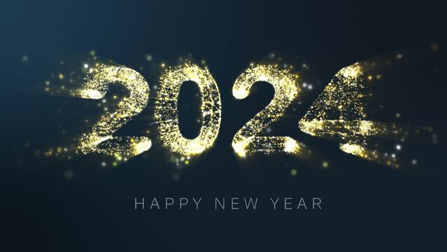 Dust particles form 2024 Happy New Year, Gold  particles on dark blue background.
