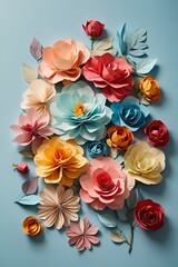 Colourful handmade paper flowers on light blue background