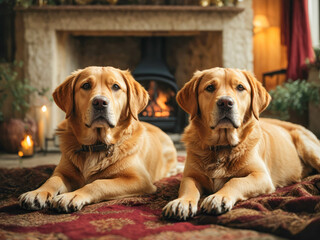 Golden retrievers enjoys the warmth and comfort of a fireplace in the living room. the dog lies on the background of the fireplace