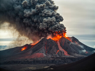 The crater is erupting, smoke, lava, Apocalyptic volcanic landscape with hot flowing lava and smoke and ash clouds.