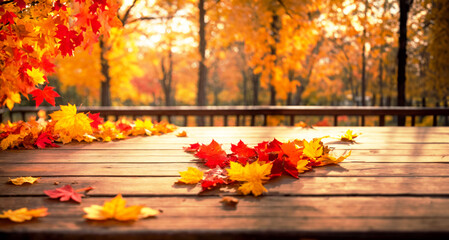 Naklejka na ściany i meble Wooden table and blurred Autumn background