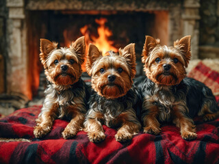 Yorkshire Terriers enjoys the warmth and comfort of a fireplace in the living room. the dog lies on the background of the fireplace