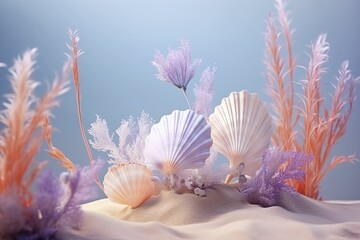 3D three-dimensional abstract background of seabed shells and corals, ocean series background with blank space, imaginative ocean style wallpaper