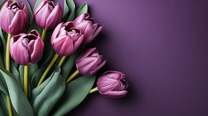 Fototapeta premium tulips on purple background, copy space