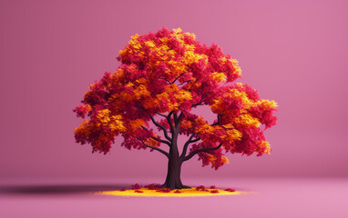 Tree with colorful leaves on solid pink background