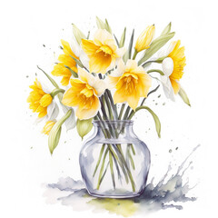 Vase of daffodil clipart white background illustration created with AI generative technology tools