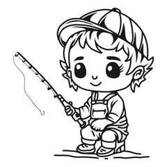 Cute chibi fishing character coloring in black and white illustration