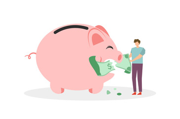 Flat design of rich man save money vector, a man&rsquo;s saving salary in piggy bank, flat design of financial management, Save money in piggy bank, money management vector, a man is investing for future.