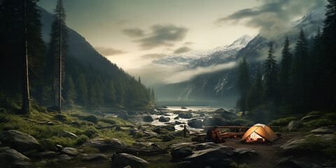 Camping in den Bergen KI