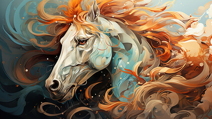 Abstract Portrait of Horse with Red Hair in The Watercolor Oil Painting