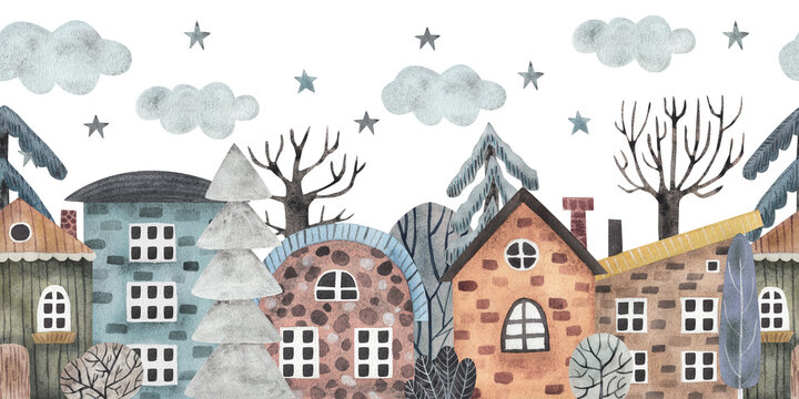 Winter forest and houses. Watercolor illustration in flat cartoon style. Seamless border
