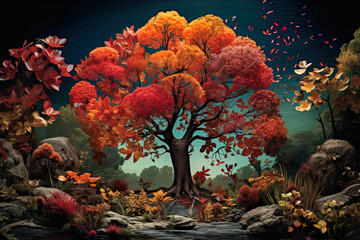 Autumn landscape with trees and colorful foliage. Autumn scene. Trees and leaves