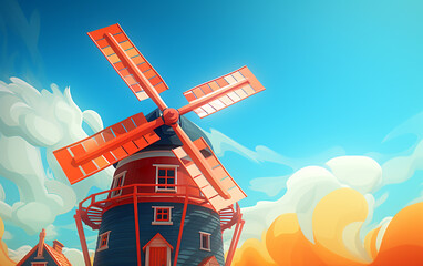 Windmill and blue sky illustration - obrazy, fototapety, plakaty