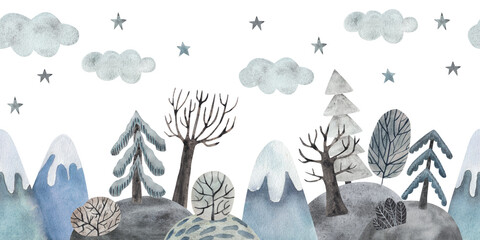 Winter forest and mountains. Watercolor illustration in flat cartoon style. Seamless border - obrazy, fototapety, plakaty