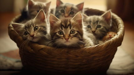A Batch of Adorable Kittens in A Weave Basket Mother Cat Watching Over Them Selective Focus