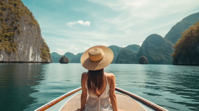 Back view of the young woman in straw hat relaxing on the boat and looking forward into lagoon. Travelling tour in Asia: El Nido, Palawan, Philippines.