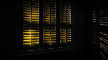 Dark, moody atmosphere set by yellow light softly piercing through the blinds. The shutters create a lovely contrast between light and shadow.Also a concept of mafia, fear, kidnapping, sleep, sunlight