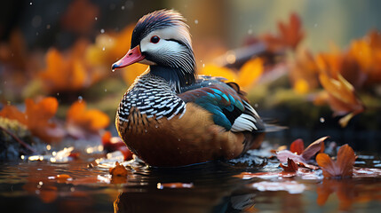 Beautiful Mandarin Duck Reflection in Duck Pond at Golden Hour Selective Focus
