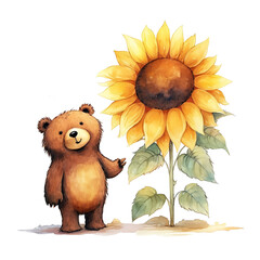 brown bear with sunflower. watercolor cartoon illustration. cute bear for kids