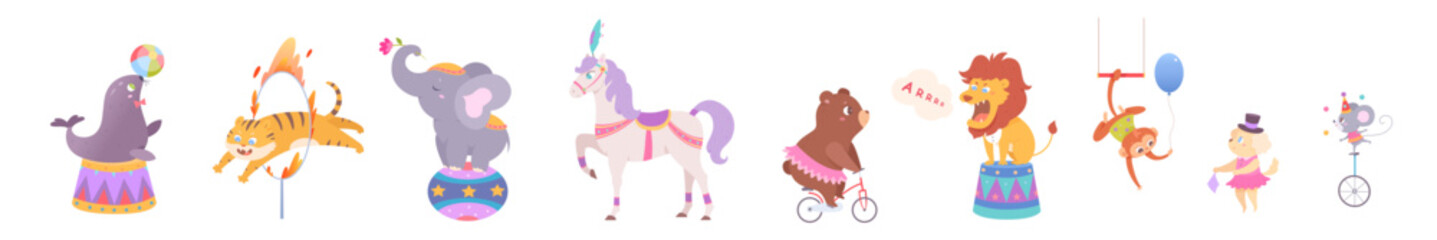 Circus animals set, cute elephant on ball and monkey, bear cyclist, tiger and lion