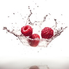 Raspberry fruit in water splash, with white background