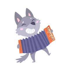 Cute wolf playing button accordion, baby animal holding traditional musical instrument
