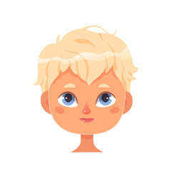 Boy face for avatar vector illustration. Cartoon isolated portrait of adorable kid with stylish blond hair and blue eyes, cute male head with pretty fashion hairdo for profile, funny stylish child