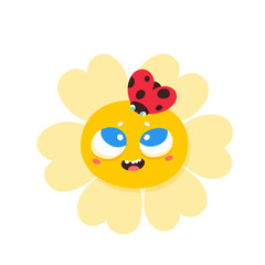 Cute sun character with ladybug vector illustration. Cartoon isolated funny happy yellow face with smile and sunshine of heart, childish emoji with positive sunny emotion and summer joy