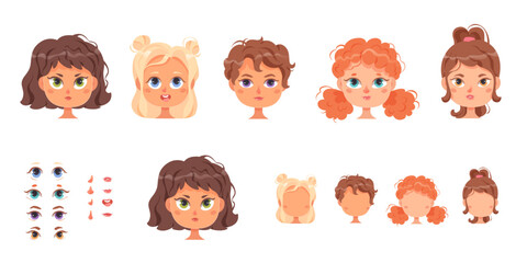 Girls faces constructor set, female heads templates with different hair, eyes, noses