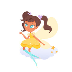 Cute fairy girl flying on cloud, magic female character with yellow butterfly wings